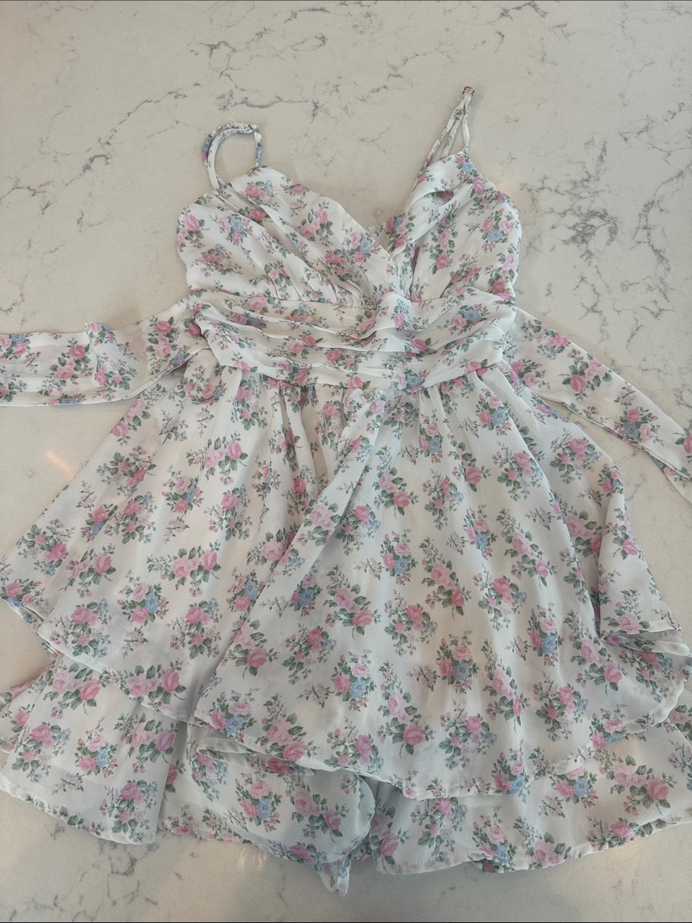 Altar'd State White Floral Spaghetti-Strap Dress with Pink Roses